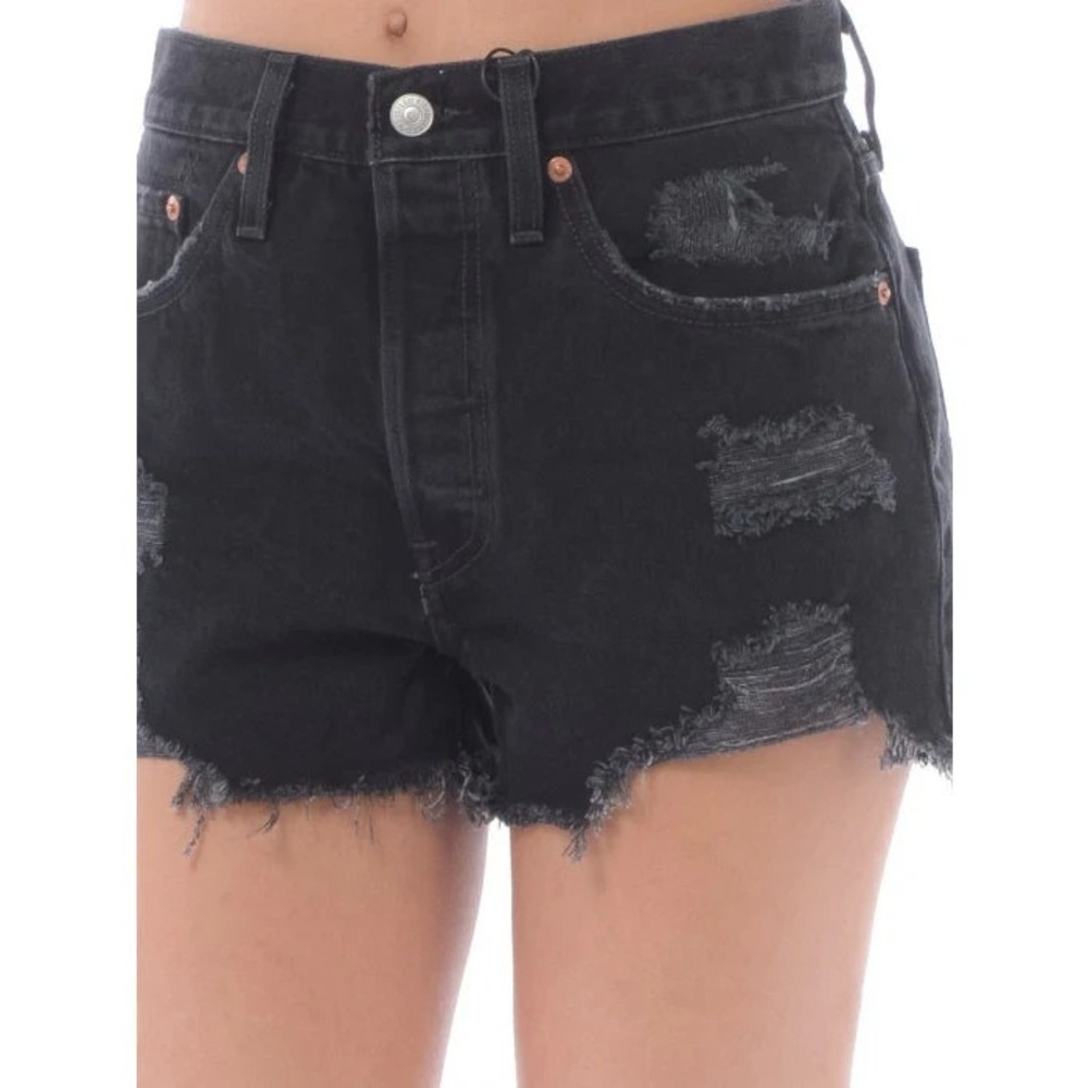 Levi's 501 Jean Shorts Womens 31 Black Cut Off Distressed Button Fly Revolve - Picture 6 of 16